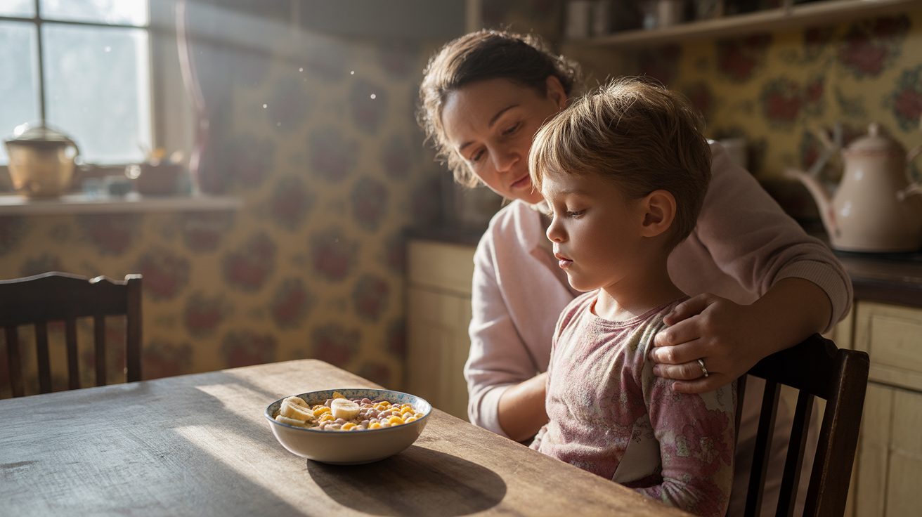 Parent praying over older child at breakfast before school