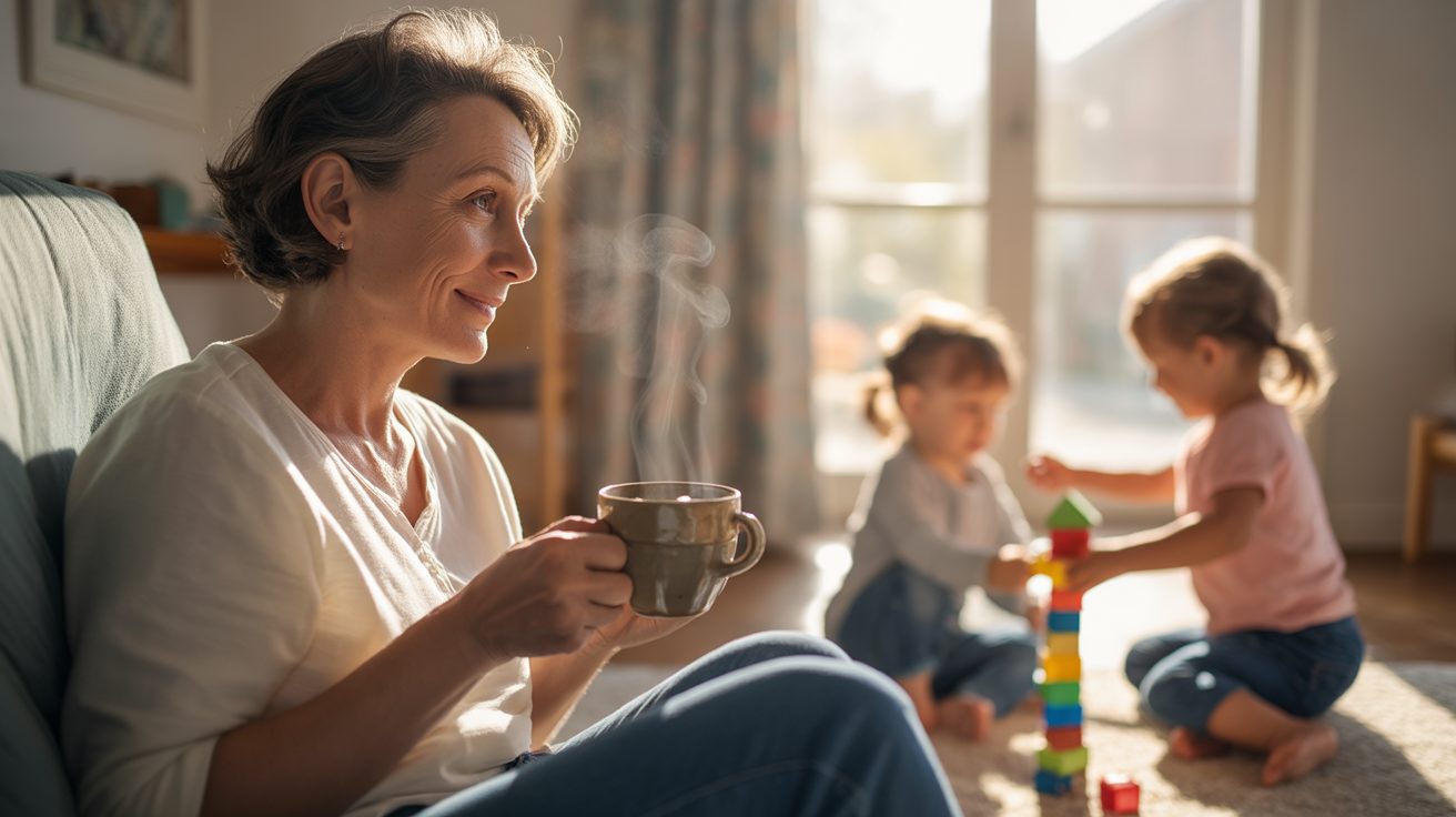 Parent in quiet reflection during morning family time
