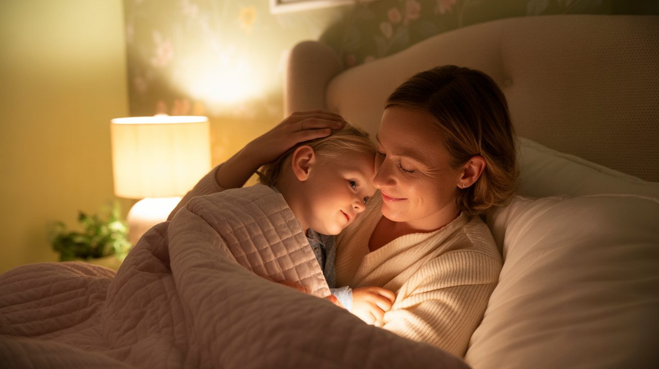Parent blessing child at bedtime while tucking them into bed