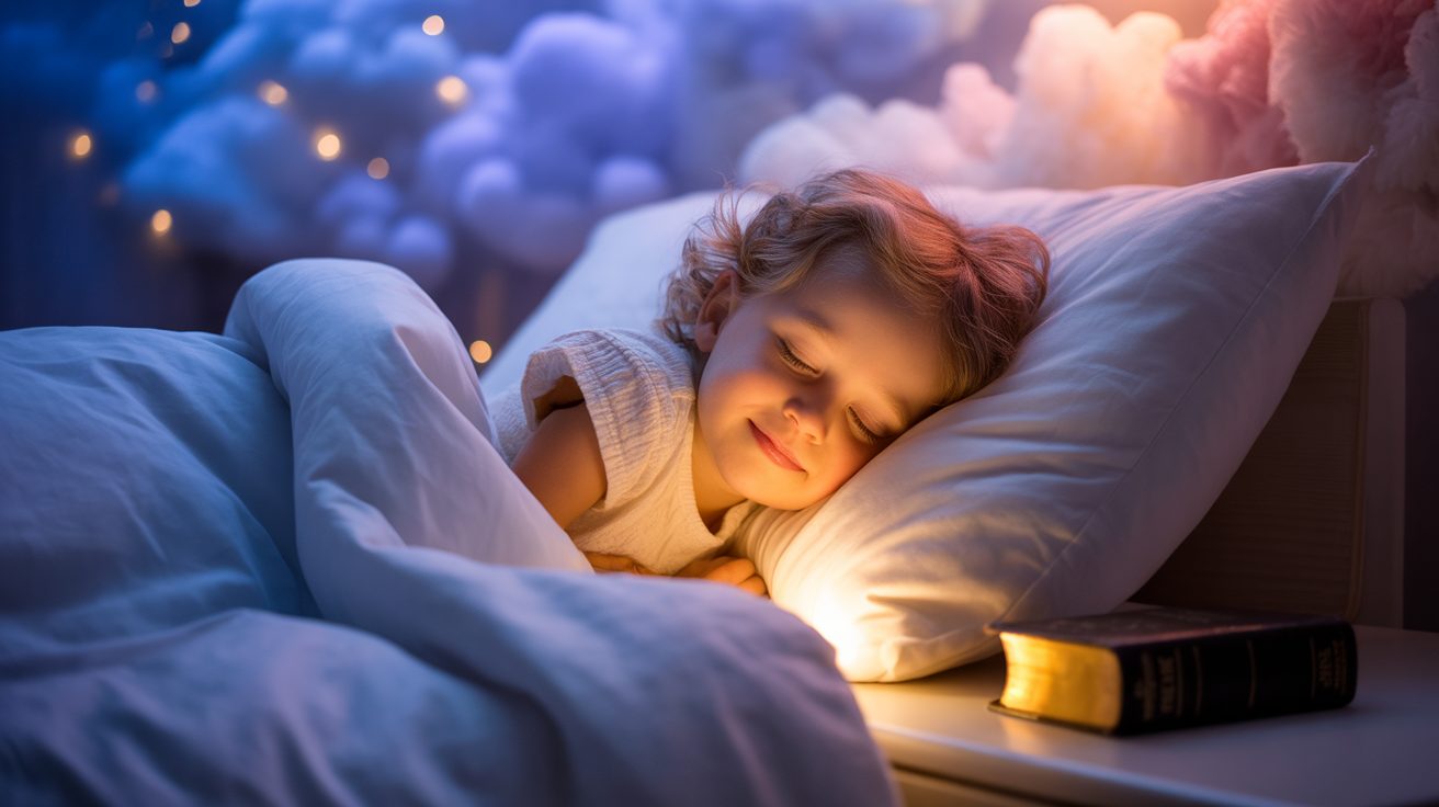 Peaceful child sleeping under God's protection with warm glow