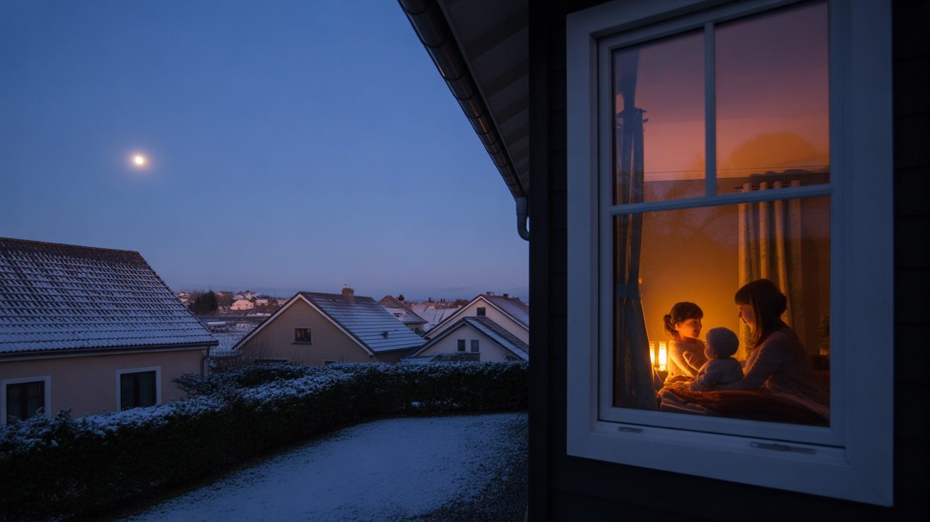 Peaceful nighttime neighborhood with warm glow from a family home under moonlight