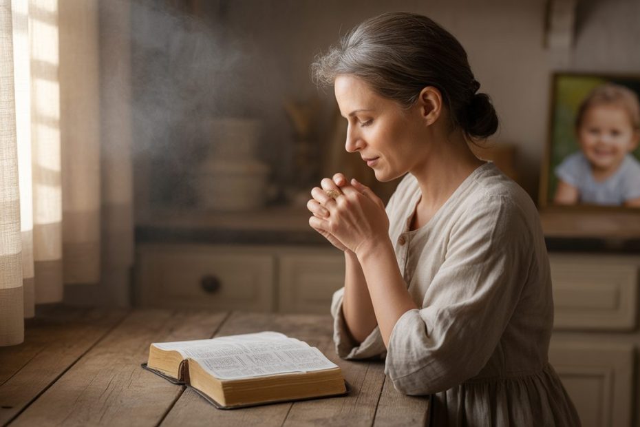 Parent praying for child's future spouse with open Bible