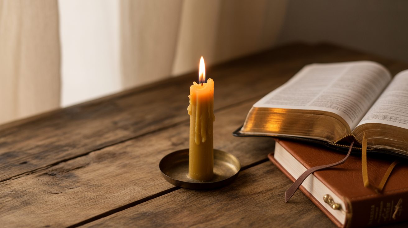 Prayer journal and candle next to an open Bible for praying for adult children