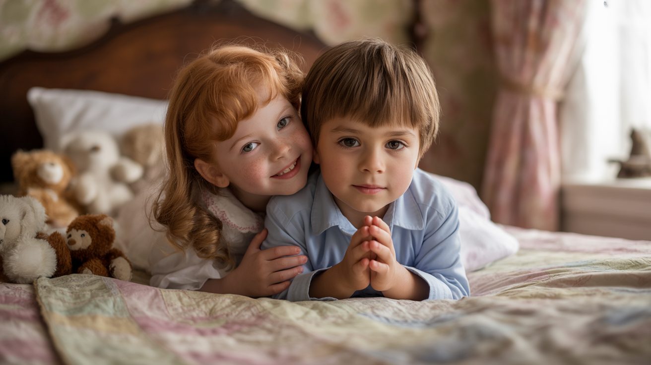 Two siblings praying together at bedtime with one child peeking and smiling