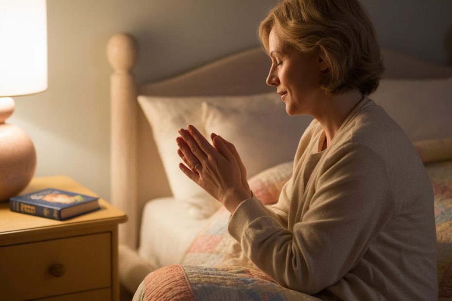 A family praying together at bedtime in a cozy bedroom with warm nightlight glow