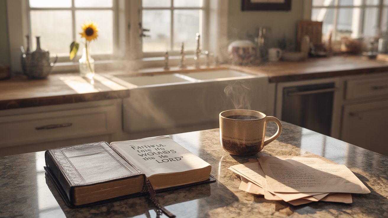 Peaceful morning kitchen setup with Bible open for family devotional time