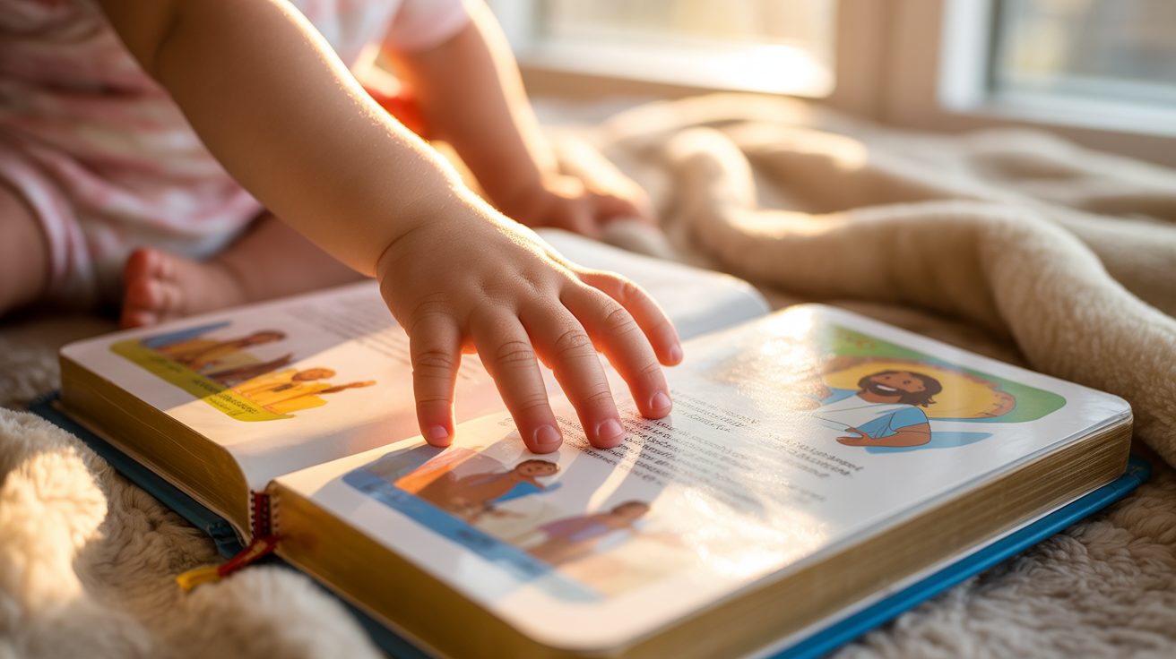 Toddler's hand resting on open children's Bible during prayer