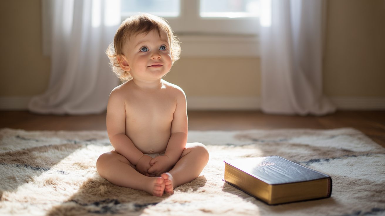 Toddler looking upward with wonder during prayer time