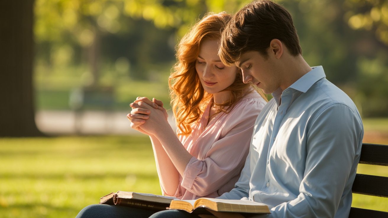 Young Christian couple praying together outdoors representing faith and love in marriage