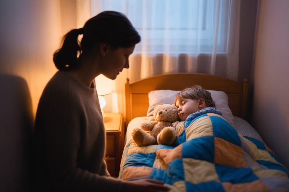 Parent in doorway praying a bedtime prayer for children's protection over a sleeping child