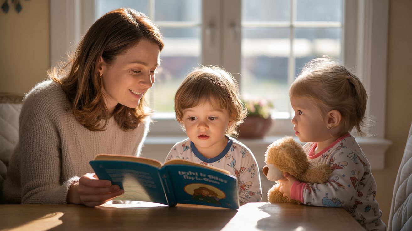 Parent sharing a Bible story during a morning devotional for kids