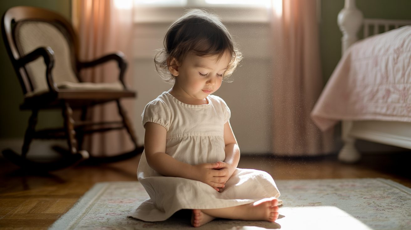 Young child with hands folded in prayer for spiritual protection and faith