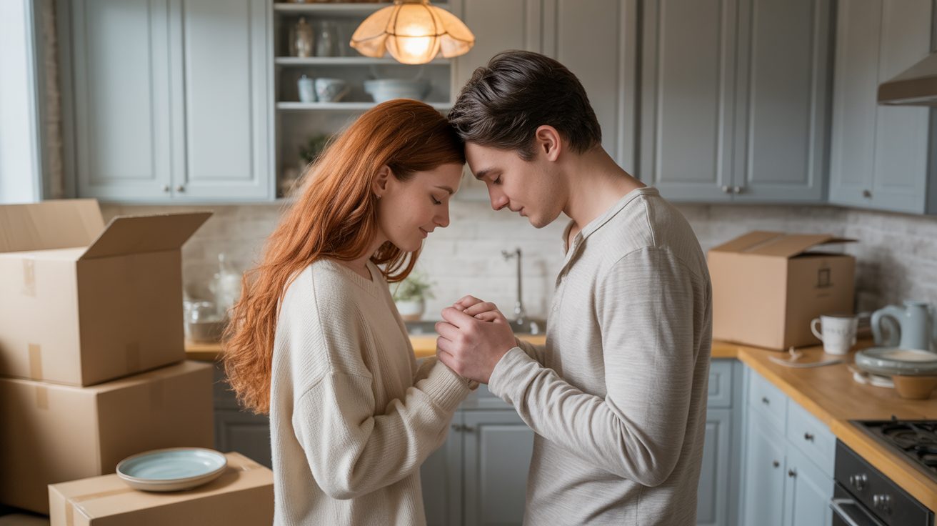 Young couple praying together in the kitchen of their new apartment