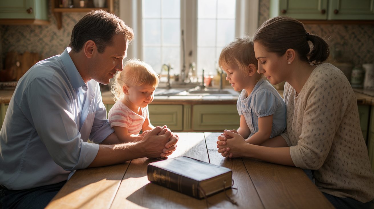 Family holding hands in prayer during morning devotional time