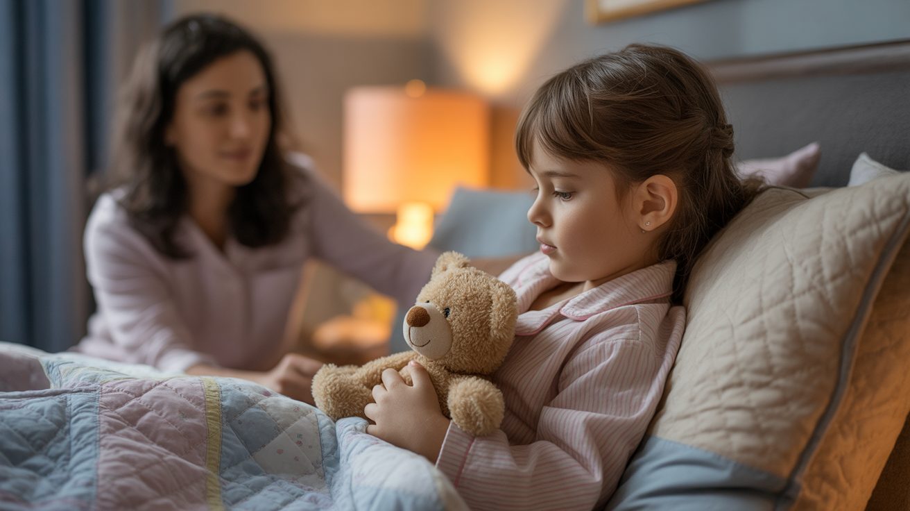 Mother praying with her scared child at bedtime