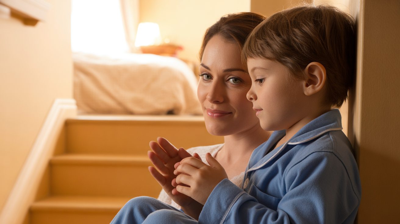 Mother praying on the stairs with her young son during a hard family moment