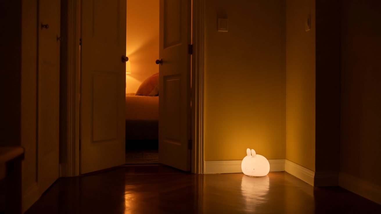 Quiet hallway with nightlight where a parent prays for their child's bedtime protection
