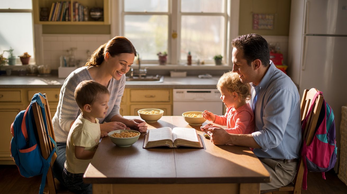 Family gathered around the table for a morning devotional with kids before school