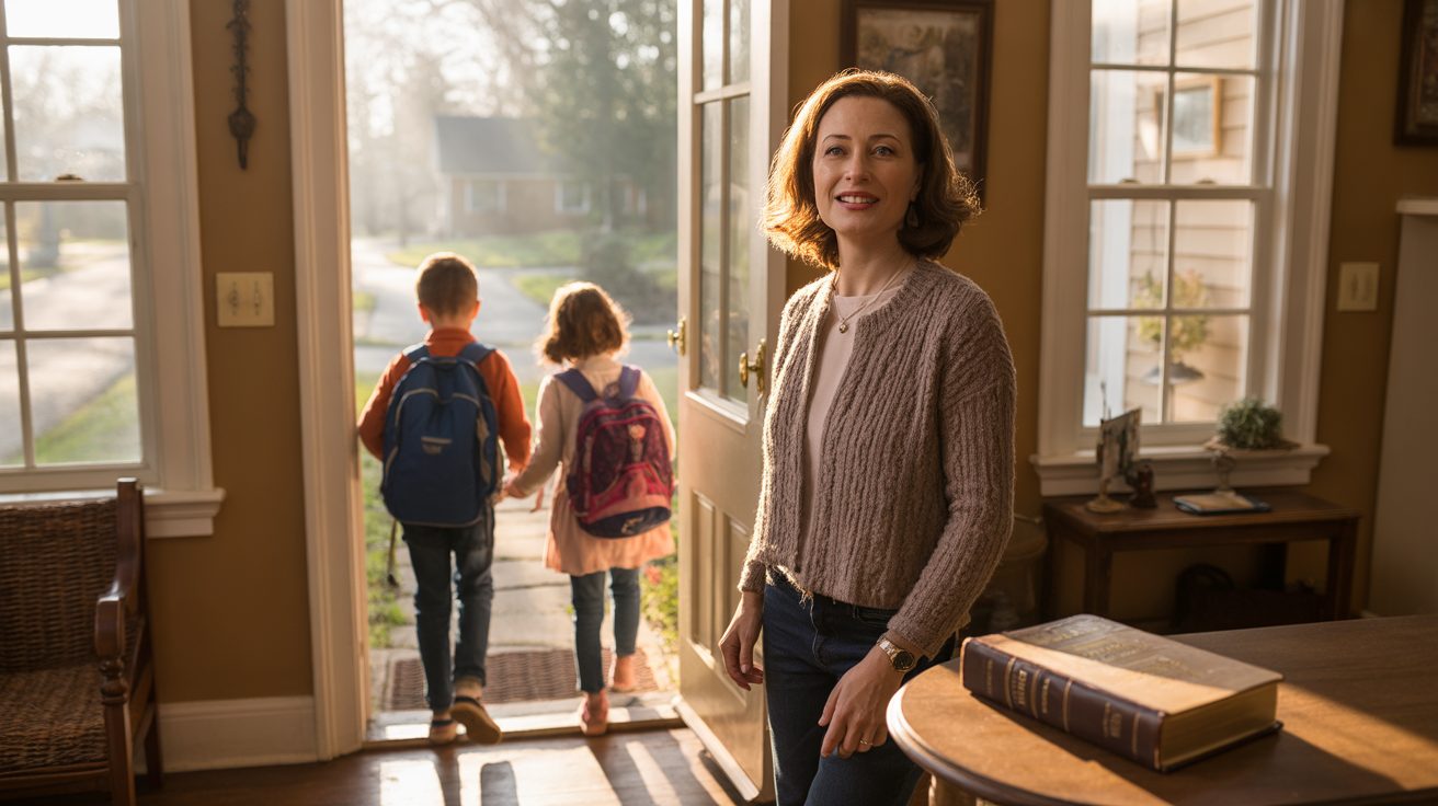 Family heading into the day after a short morning devotional together