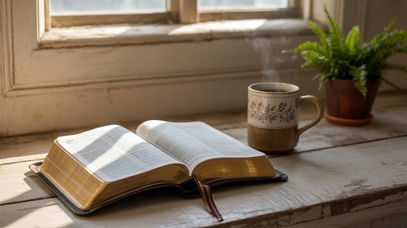 Open Bible and coffee on the floor of a new apartment in morning light
