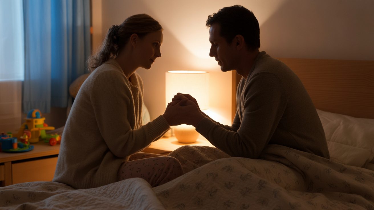 Parents praying together over their child's bed for protection and safety