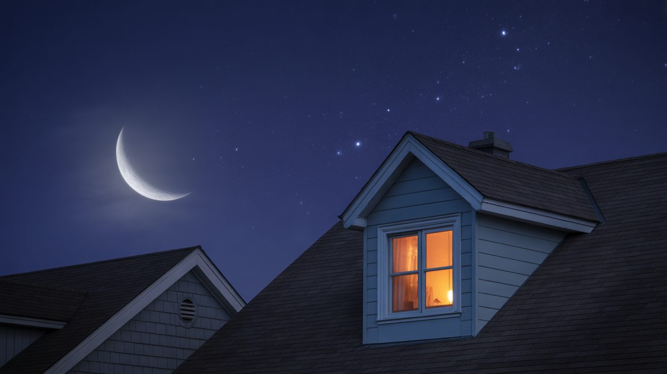 Peaceful night sky over a home symbolizing God's protection at bedtime