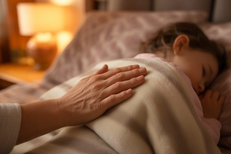 praying for their child's protection and safety - Parent's hand on a sleeping child's shoulder while praying