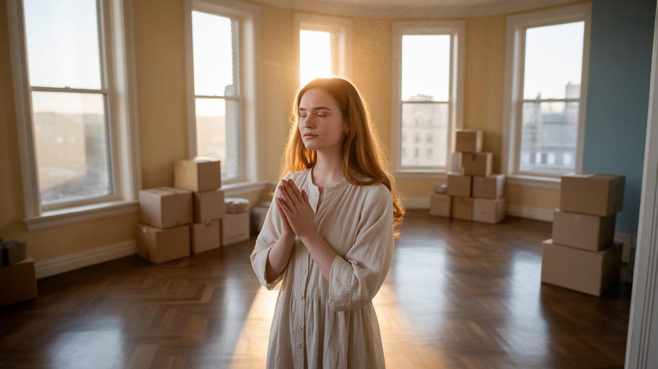 Woman praying among moving boxes in her new empty apartment