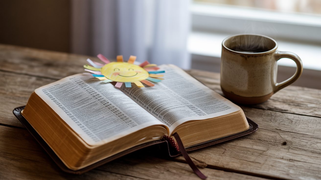 Open Bible with a child's drawing while praying scripture over the child