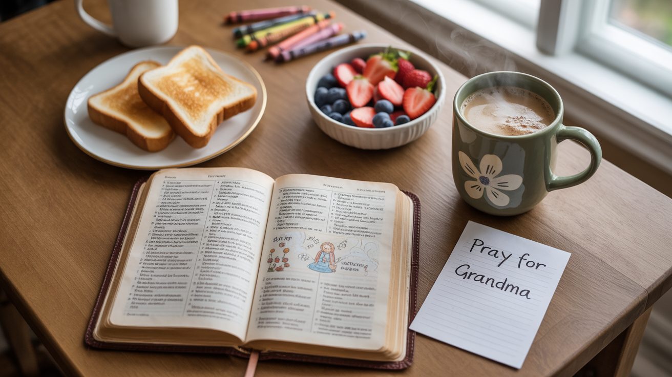 Breakfast table set up for a simple family devotional routine with kids