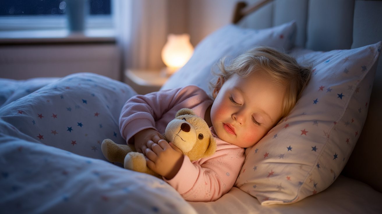 Sleepy toddler hugging plush bear during bedtime prayer for kids