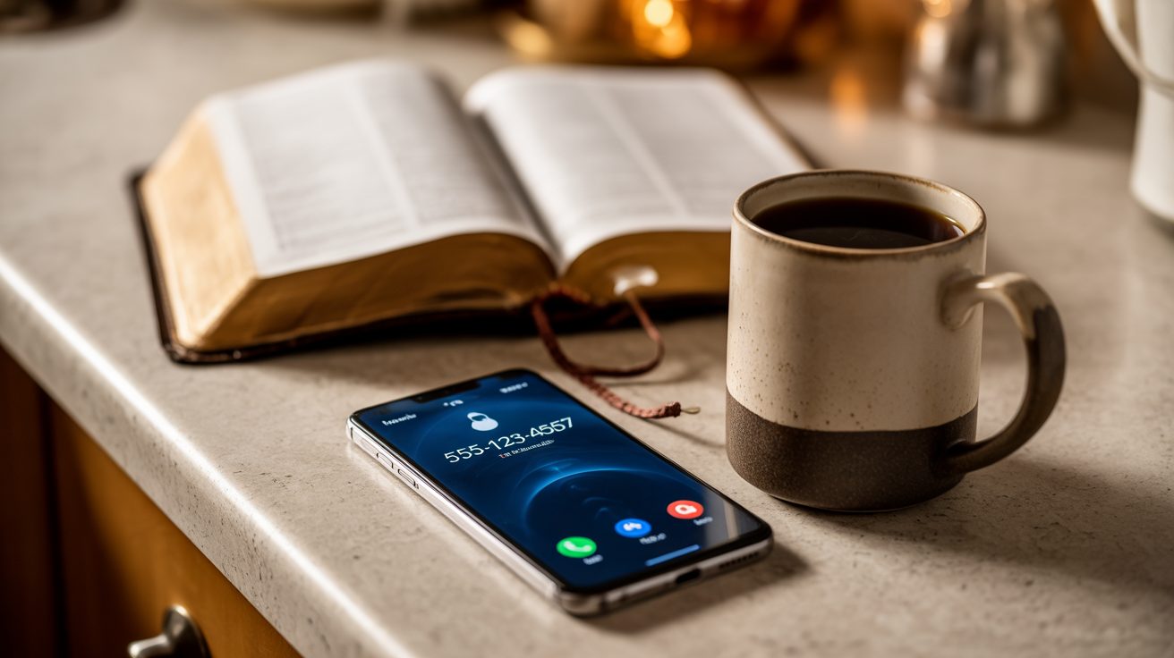 A phone and Bible on a kitchen counter, showing prayer and professional help working together for an addicted daughter