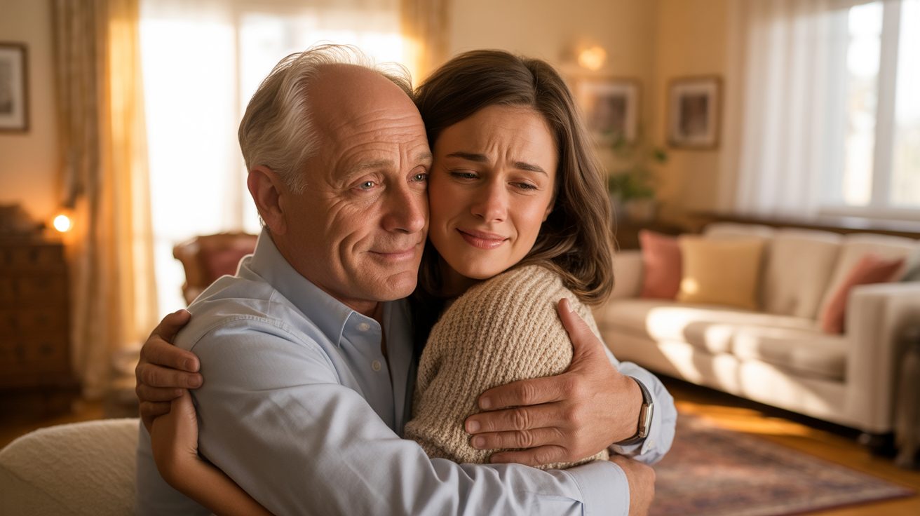 A father embracing his adult daughter in golden light, symbolizing hope and reunion after drug addiction