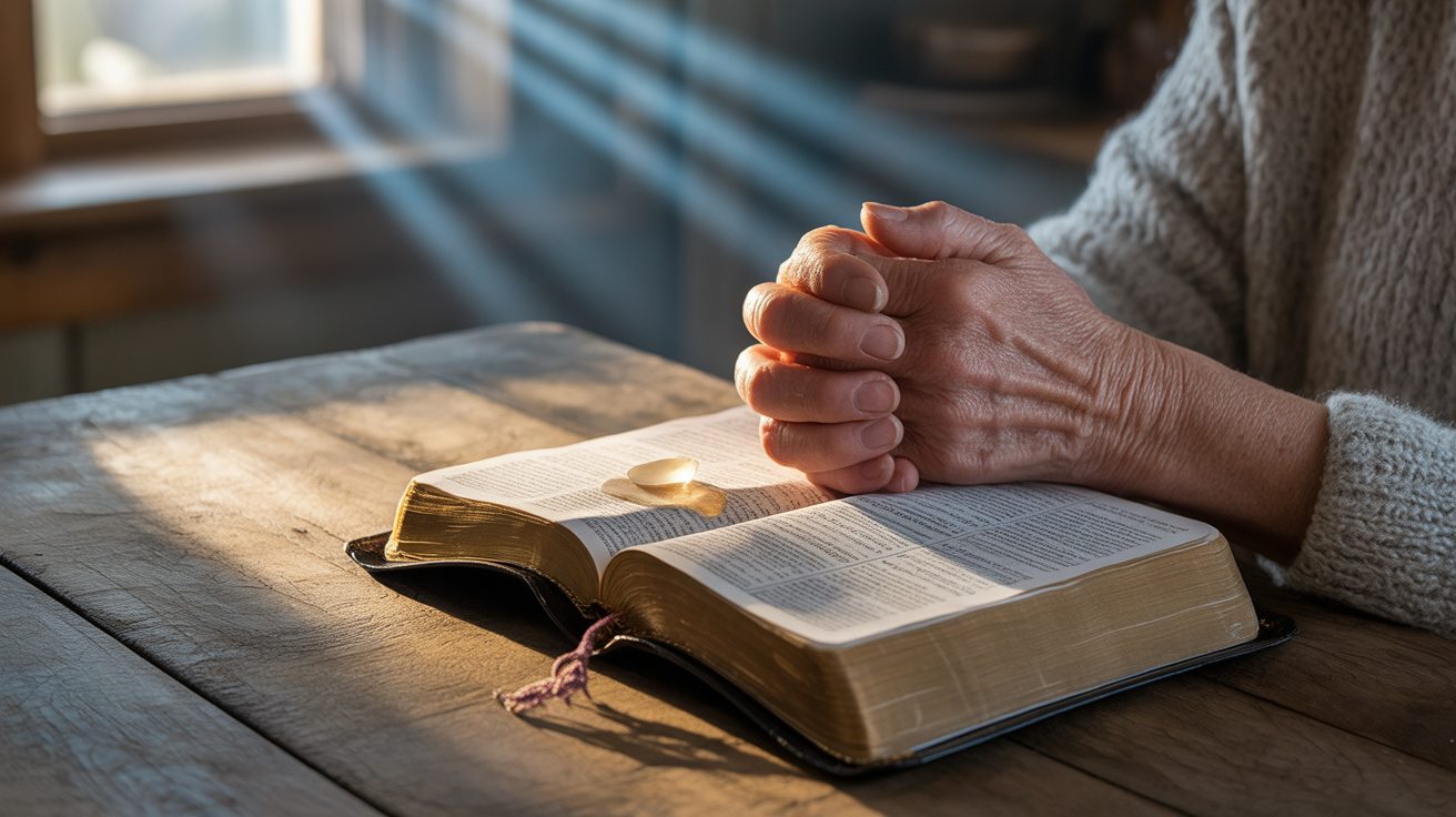 A mother's hands resting on an open Bible, praying for her drug-addicted daughter at dawn