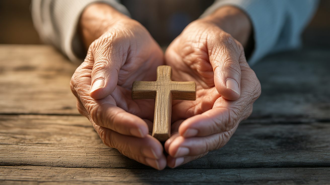 Weathered hands holding a small wooden cross, representing the serenity prayer for a parent of an addicted daughter
