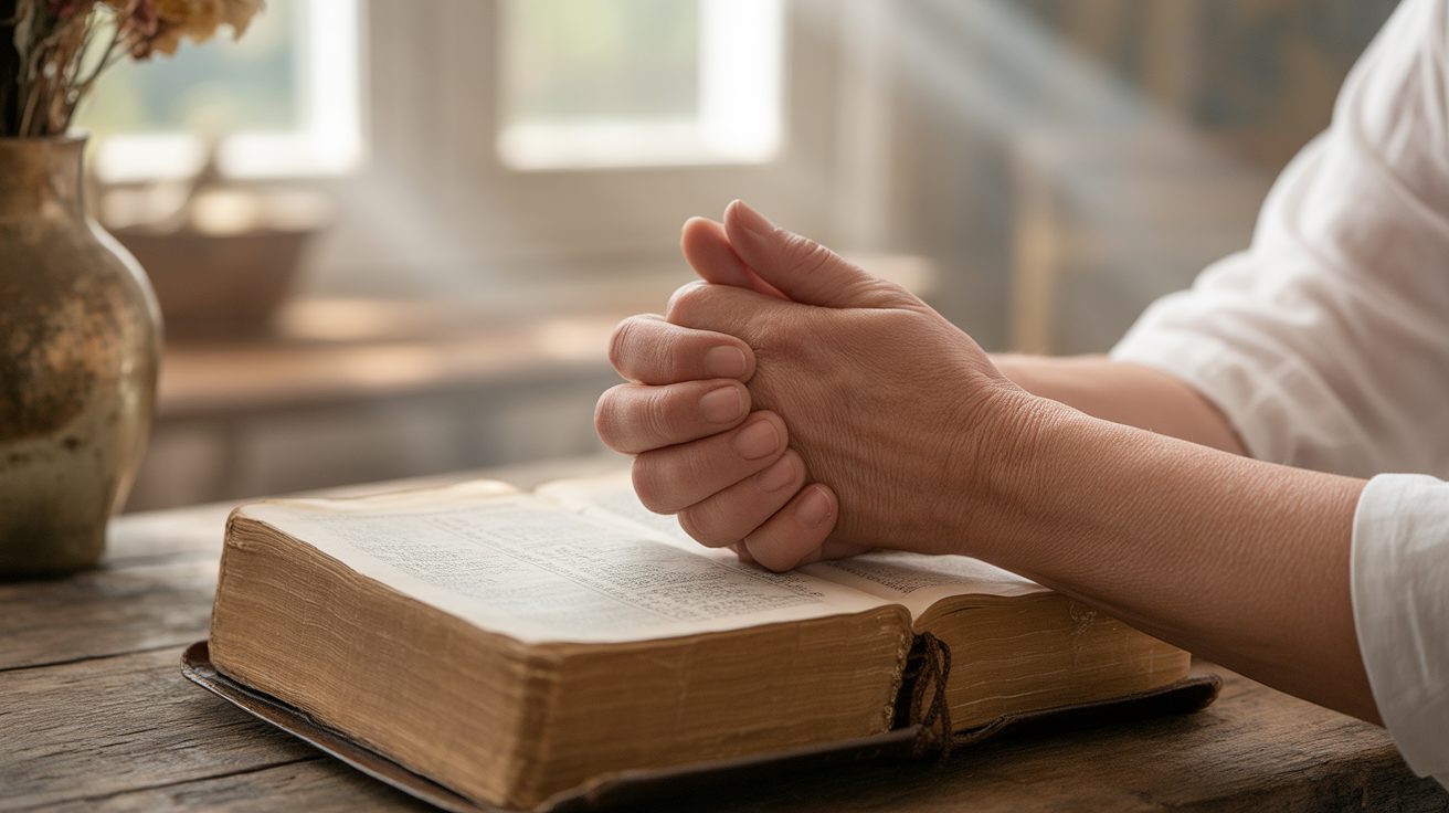 Hands clasped in prayer over a Bible while praying for addiction recovery